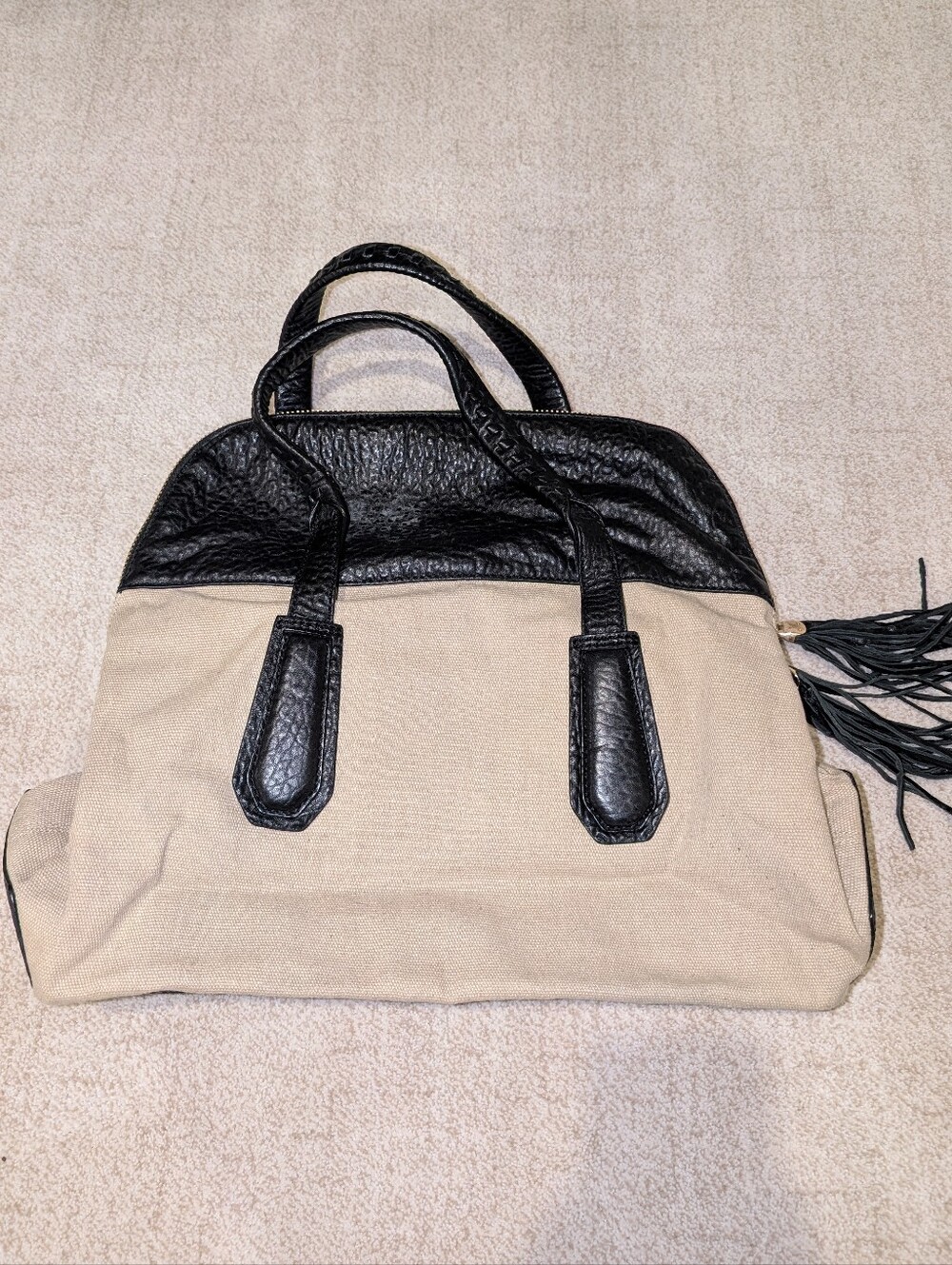 Henri Bendel Leather and Canvas Black and Cream Tote Bag
